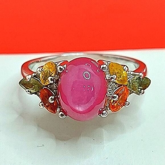 Natural Red Ruby 9x7mm,‎ Sapphire & Cz 925 Sterling Silver Ring Size 6 - Picture 1 of 8